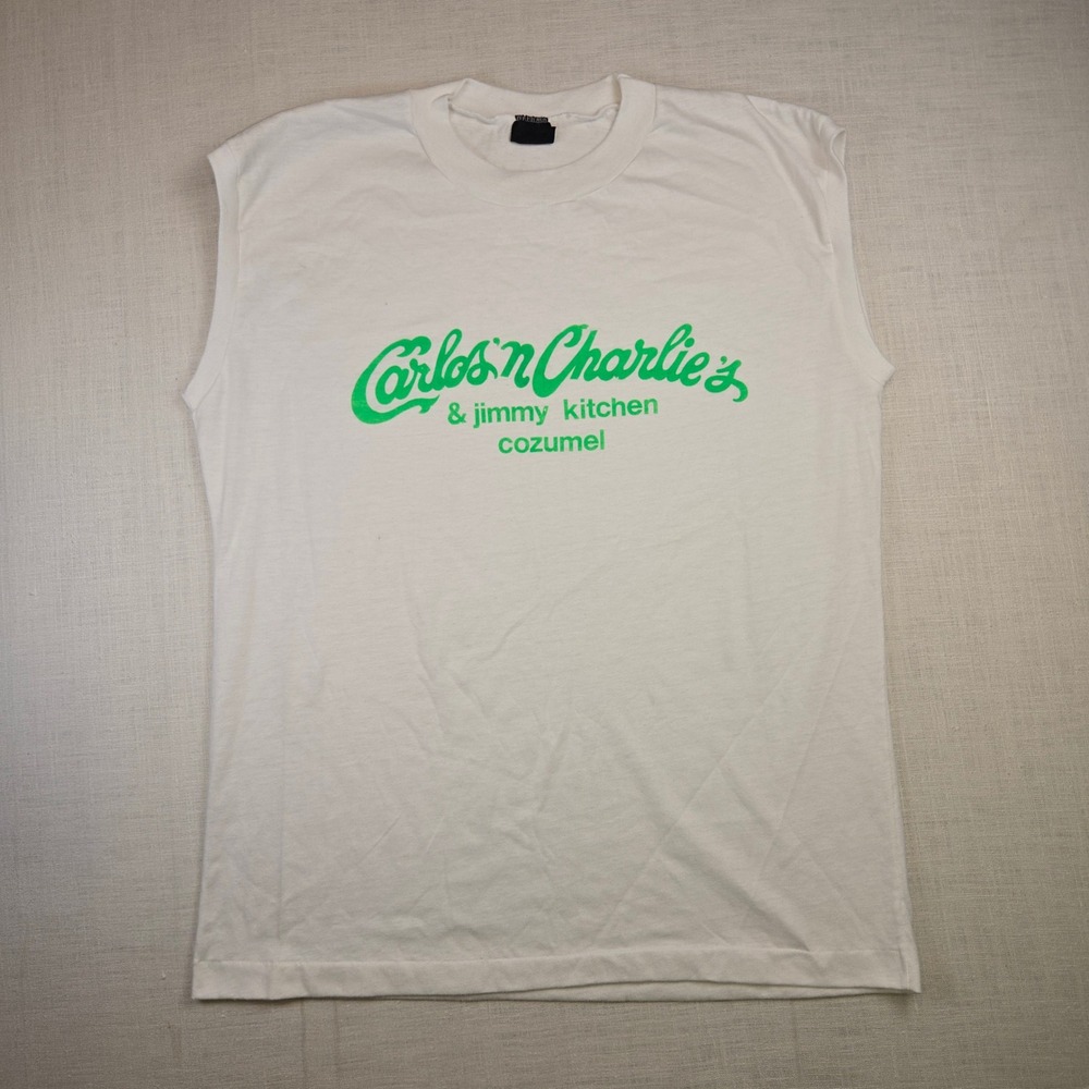 VTG Carlos N Charlies Muscle T-Shirt 44 L Men's White Cozumel Single Stitch GUC